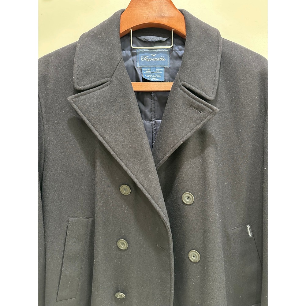Faconnable Mens Black Wool Blend Double Breasted Pea Coat Jacket Size L